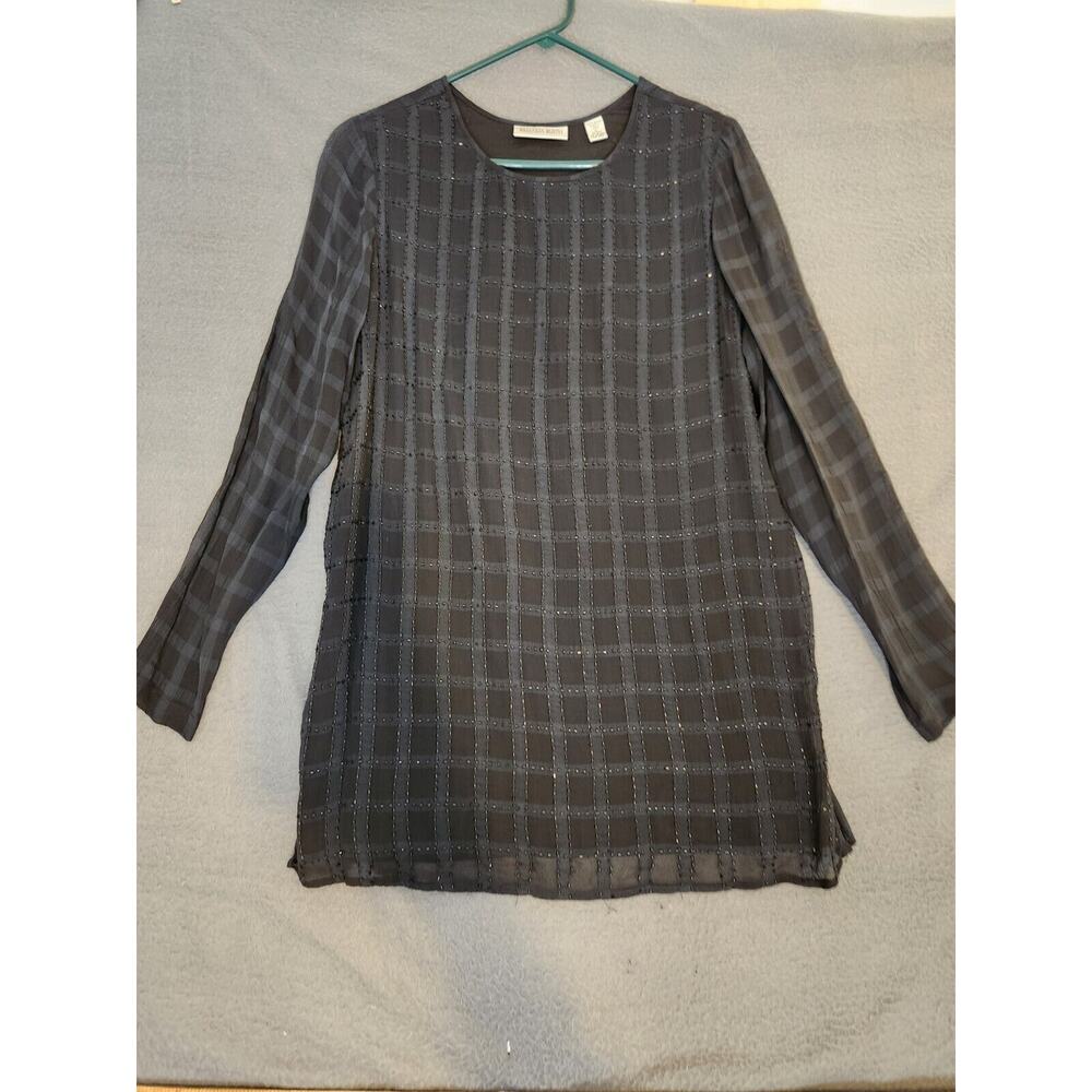 Vtg Amanda Smith Black Rayon Embellished Sheer Lined‎ Long Sleeve Shirt Sz L